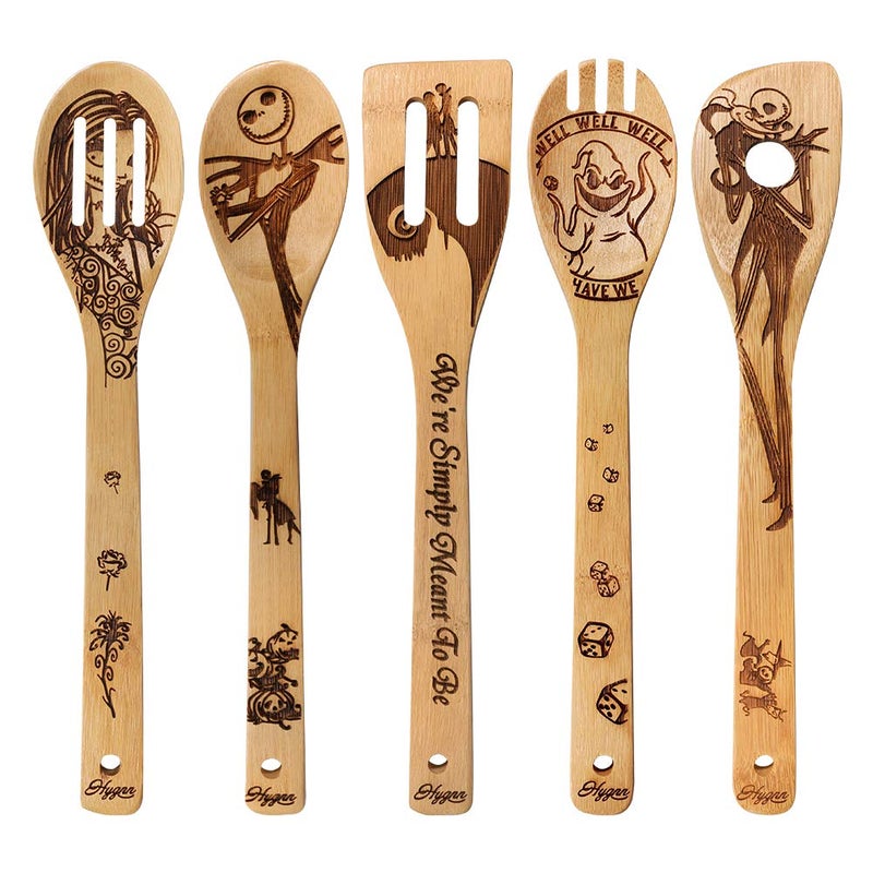 HYGNN Halloween Idea Utensil Burned Wooden Spoons Set House Warming Wedding Present Slotted Spoon 5 Piece SpoonSet - Image 1